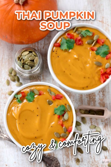 Warm up with this cozy Thai Pumpkin Soup! Made with creamy coconut milk, aromatic lemongrass, ginger, and a hint of lime, this easy-to-make recipe is the perfect blend of savory and bright flavors for a comforting fall meal. #ThaiSoup #PumpkinSoup #FallRecipes via @aylarianne Pumpkin Soup With Coconut Milk, Thai Pumpkin Soup, Soup With Coconut Milk, Creamy Pumpkin Soup, Fall Meal, Coconut Milk Soup, Ginger Soup, Thai Soup, Coconut Ginger