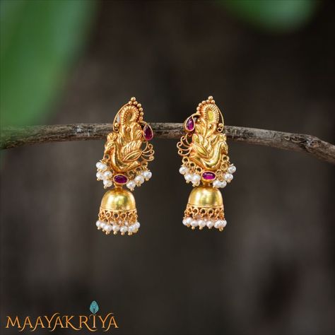 A very unique design with Peacock . The Prapadika Jhumka is finished with gold polish, kempu stones and real fresh water pearls.This Jhumka can be worn with all traditional and casual wears. The Jumkhas makes the best combination with cotton sarees and traditional outfits which will make you look very stunning and elegant. Sit back and pick your favourite one. To know more about these: Visit our website🌐 : www.maayakriya.com Or contact us at📞: +91 6362 069 800 Gold Earrings Models, Desi Models, Fresh Water Pearls, Gold Earrings Designs, Flower Embroidery Designs, Cotton Sarees, Water Pearls, Gold Polish, Cotton Saree