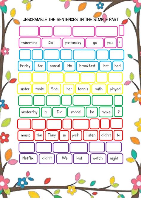 Unscramble the sentences - Interactive worksheet Past Sentences Worksheet, Unscramble Words Worksheets, Unscramble Sentences, Unscramble Sentences Worksheets, Sentence Unscramble, Simple Past Tense Worksheet, Past Tense Worksheet, Sentence Scramble, Unscramble Words