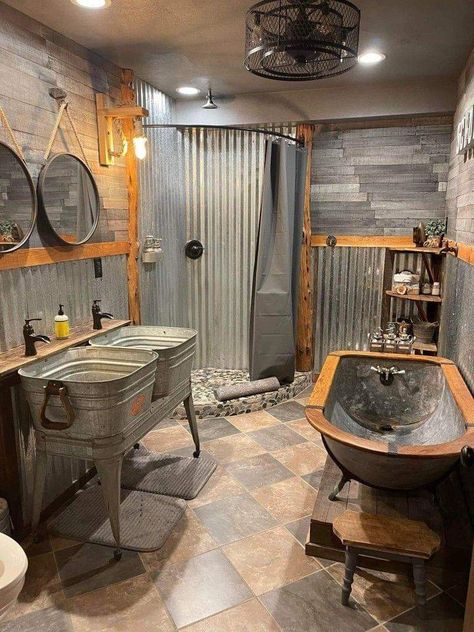 Western Bathroom Ideas Farmhouse, Cowboy Bathroom Ideas, Tin Shower Walls Rustic Bathrooms, Tin Shower Walls, Western Style Bathroom, Western Bathroom Ideas, Rustic Spa, Tin Bathroom, Western Bathrooms