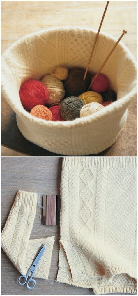 Felted Knitting Basket - 50 Amazingly Creative Upcycling Projects For Old Sweaters Old Sweater Diy, Old Sweater Crafts, Cashmere Sweater Upcycle, Creative Upcycling, Reuse Old Clothes, Diy Tricotin, Upcycling Projects, Old Baskets, Wet Felting Projects