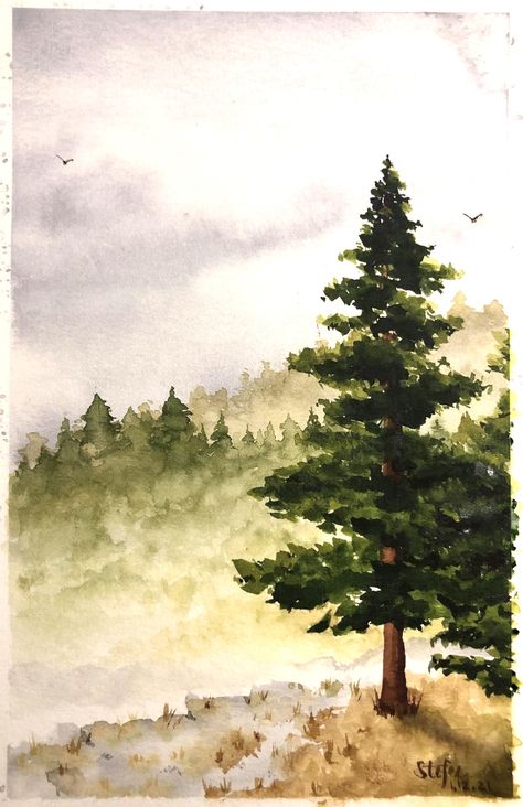 Mountain Trees Drawing, Basic Landscape Drawing, Forest Trees Drawing, Watercolor Background Ideas, Woods Drawing, Pine Tree Landscape, Landscape Watercolor Paintings, Woods Watercolor, Trees Watercolor