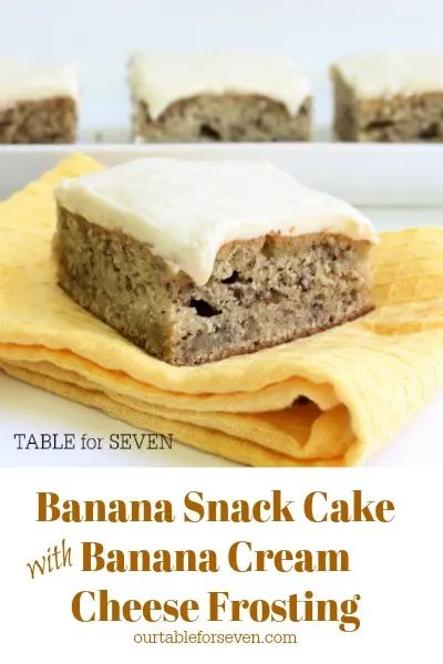 Banana Snack Cake with Banana Cream Cheese Frosting #tableforsevenblog #banana #bananacake #frosting #creamcheese #snackcake #dessert Banana Cream Cheese, Banana Snack Cake, Moist Banana Cake, Banana Treats, Layered Cakes, Cake Recepies, Make Banana Bread, Mood Food, Coffee Cakes