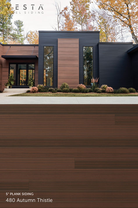 Image of Quality Edge Vesta Autumn Thistle 5" plank siding profile on a home. Light Color Siding Exterior, Exterior Wood Slat Wall, Black Siding With Wood Accent, Black And Wood Home Exterior, Modern Exterior Siding Ideas, Modern Siding Ideas Exterior, Black And Wood House Exterior, Steel Siding House, Pergola Details