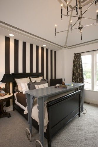 Kids' Bedroom - eclectic - bedroom - love the black and white stripes and the table with wheels for over the bed. Rockstar Room, Bed Trays, Bed Tables, Eclectic Bedroom Design, Mediterranean Bedroom, Eclectic Decor Bedroom, Bedroom Eclectic, Overbed Table, Striped Walls