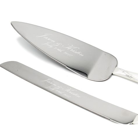 "This personalized elegant stainless steel serving set will set the tone for any special occasion. Delicately designed with two jeweled hearts, this serving set is the perfect addition to that special wedding, function or memorable event. Personalize the knife, server or both for your favorite wedding or anniversary couple. The server is 11 1/4\" long and the knife is 13\" long Personalize in the 'personalization box' and/or 'notes to seller' with font and engraving instructions For other great Monogrammed Wedding Cake, Engraved Cake Server Set, Engraved Cake Server, Wedding Cake Knife Set, Wedding Cake Serving Set, Monogram Wedding Cake, Wedding Cake Server Set, Cake Knife Set, Wedding Cake Servings