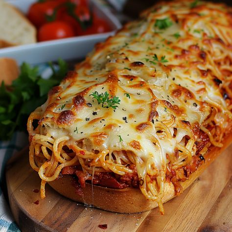 Spaghetti Stuffed Garlic Bread Spaghetti In Bread Loaf, Spaghetti Bread Boats, French Bread Spaghetti Bake, Spaghetti Stuffed Garlic Bread Subs, Spaghetti Stuffed French Bread, Spaghetti French Bread, Dinner Ideas With Garlic Bread, Garlic Loaf Bread Recipes, Bread Bowl Spaghetti