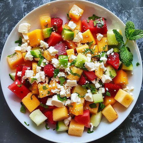 Summer Fruit Salad with Feta and Mint Ingredients: 2 cups watermelon, cubed 2 cups cantaloupe, cubed 1 cup honeydew melon, cubed 1 cup strawberries, hulled and halved 1/2 cup raspberries 1 cup cucumber, diced 1/2 cup feta cheese, crumbled 2 tablespoons fresh mint, chopped 1 tablespoon fresh lemon juice 1 tablespoon honey Salt and pepper, to taste Instructions: Prepare the Fruit: Cube the watermelon, cantaloupe, and honeydew melon. Hull and halve the strawberries. Dice the cucumber. Combine I... Summer Fruit Salad, Salad With Feta, Summer Salads With Fruit, Honeydew Melon, Fresh Mint, Summer Fruit, Honeydew, Fresh Lemon Juice, Lemon Juice