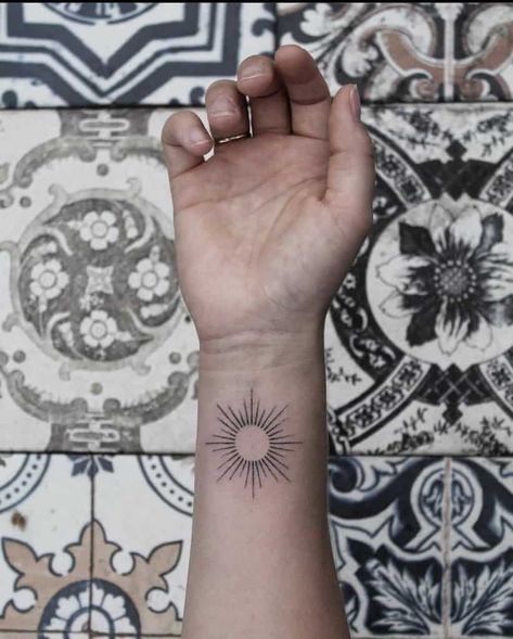 Top 67+ Best Simple Sun Tattoo Ideas - [2021 Inspiration Guide] Wrist Bone Tattoo, Sun Wrist Tattoo, Minimalistic Sun Tattoo, Mandala Sun Tattoo, Simple Wrist Tattoo, Simple Sun Tattoo, Sun Tattoo Ideas, Small Lotus Tattoo, Tattoo Sonne