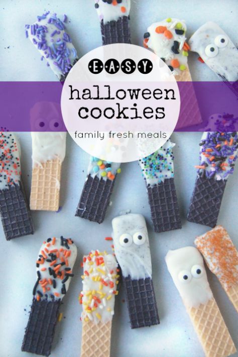 Easy Halloween Cookies - familyfreshmeals Easy Halloween Cookies, Halloween Sprinkles, Family Fresh Meals, Wafer Cookies, Perfect Cookie, Birthday Halloween Party, Halloween Cookies, Simple Valentine, Halloween Recipes