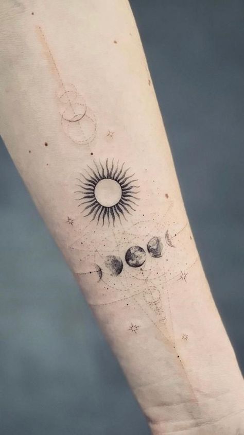 Galactic Tattoo Cosmos, Sun Moon Earth Tattoo, Geometric Universe Tattoo, Fibonacci Tattoo, Sun And Moon Tattoo, Tattoos Infinity, Universe Tattoo, Planet Tattoos, Flame Tattoos