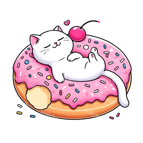 Kitten Illustration, Chat Kawaii, Pink Donut, Pink Donuts, Cat Clipart, Adorable Kitten, Pet Art, Clipart Design, Kawaii Cat