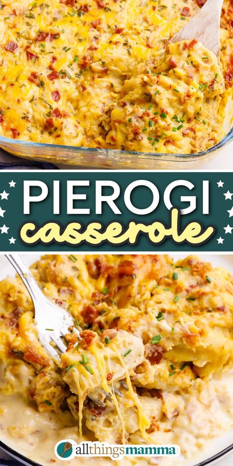 close up image of Pierogi Casserole served in a large glass casserole dish Lazy Pierogies Casserole, Perogie And Ground Beef Casserole, Sausage And Pierogies Casserole, Ground Beef Perogie, Hamburger And Perogies Recipes, Dinner Recipes With Perogies, Recipe With Pierogi, Bacon Perogie Casserole, Ground Beef Perogie Casserole