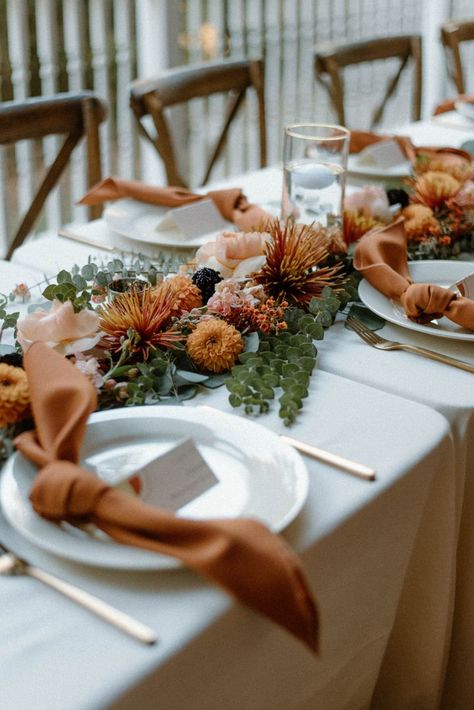 Bright orange dahlias & burgundy scabiosa were the focal point of this chic tented reception! Visit the blog to see the details from Nichole & John's fall celebration at Riverwood. Burgundy Fall Tablescape, Amber Wedding, Thanksgiving Flowers, Thanksgiving Dinner Table, Rock Wedding, Wedding Reception Flowers, Reception Centerpieces, Tent Reception, Wedding Floral Centerpieces