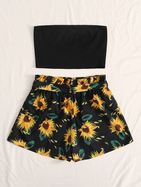 Summer Two Piece Outfits, Sunflower Shorts, Paperbag Shorts, Bandeau Crop Top, 2 Piece Outfit, Tube Top Dress, Belted Shorts, Teenager Outfits, Sunflower Print