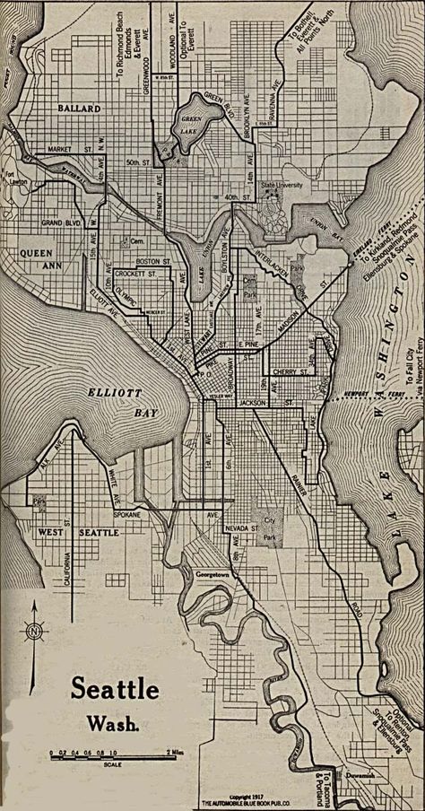 1917 map of Seattle indicates that Ravenna Ave. is the road to take to get to "Bothell, Everett and All Points North." Tattoo Mountain, Seattle Map, Sleepless In Seattle, Western Washington, Historia Universal, Map Globe, Old Maps, Sea Art, Old Map