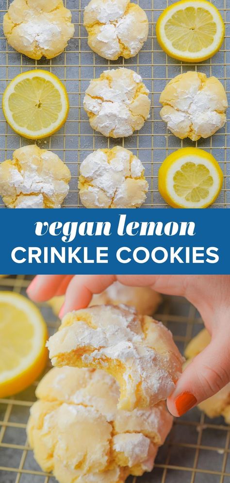 Vegan Lemon Cookies Easy, Lemon Cookies Vegan, Vegan Soft Cookies, Vegan Lemon Truffles, Lemon Vegan Recipes, Vegan Lemon Muffins, Vegan Lemon Crinkle Cookies, Vegan Lemon Brownies, Vegan Crinkle Cookies