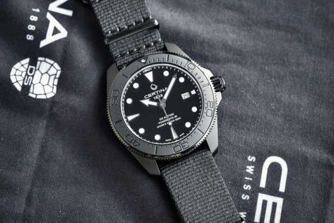 Introducing The All-Black Certina DS Action Diver 43mm (Live Pics & Price) Certina Ds Action Diver, Adventure Watches, Monochrome Watches, Water Resistant Watch, Nato Strap, Three Hands, Dive Watches, Black Watch, Steel Bracelet