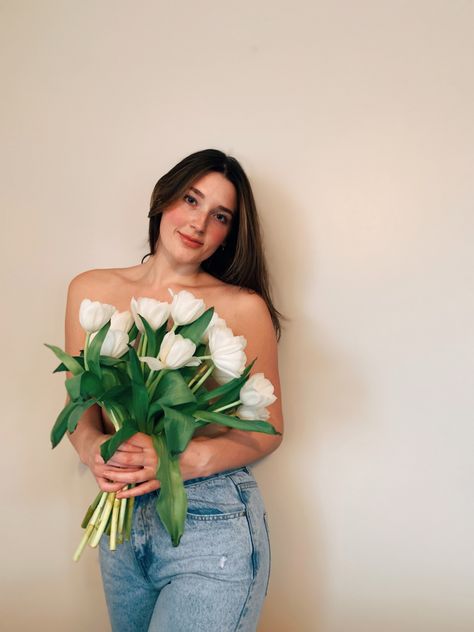 Jean And Flowers Photoshoot, Floral Top Photoshoot Ideas, Flower Over Chest Photoshoot, Indoor Flower Photoshoot Ideas, Photo Shoots With Flowers, Flowers Covering Chest Photoshoot, Nude Flower Photoshoot Ideas, Shirtless Flower Photoshoot, Flower Shoot Photoshoot