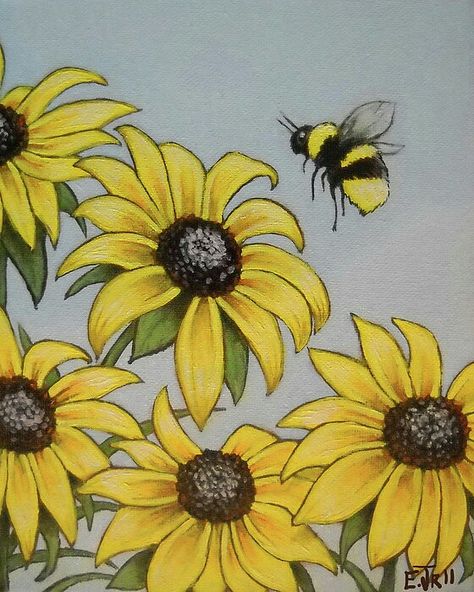 Flowers With Bees Drawing, Sunflower With Bee Drawing, Sunflower And Bee Painting, Bee And Flower Drawing, Slate Ideas, Peta Pikiran, Sunflowers And Bees, Light Posts, Sunflower Sketches