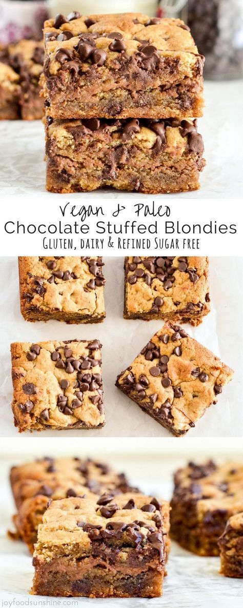 Vegan Chocolate Stuffed Paleo Blondies! These blondies are an easy, healthy dessert that's ready in 30 minutes! Gluten-free, dairy-free & refined sugar free! Paleo Blondies, Healthy Vegan Dessert, Easy Healthy Dessert, Weight Watcher Desserts, Dessert Light, Cheesecake Vegan, Coconut Dessert, Desserts Keto, Paleo Baking