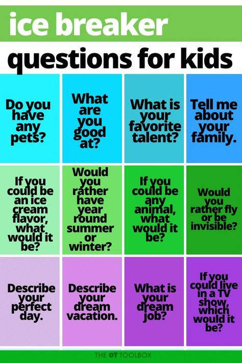 Icebreaker questions for kids for the first day of school or therapy. Reading Icebreakers, English Class Icebreakers, First Day Questions, Icebreaker Activities For Kids, Ice Breaker Questions For Kids, Ice Breakers For Kids, Question Of The Day Ideas, Activities For Employees, Back To School Lessons