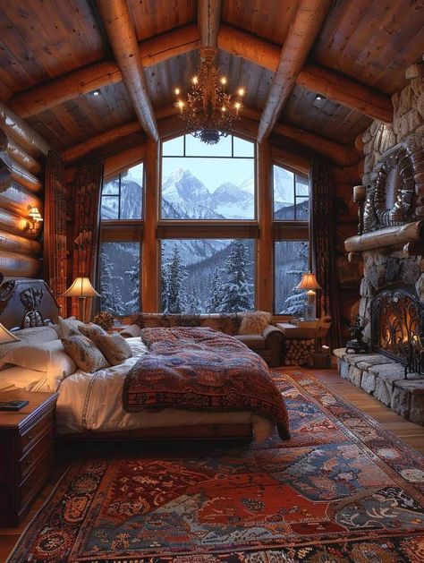 Luxury Lodge Exterior, Cabin Master Bedrooms Cozy, Mountain Lodge Bedroom, Cabin Bedroom Ideas, Cozy Cabin Bedrooms, Log Cabin Interior Design, Lodge Aesthetic, Lodge Bedroom, Montana Cabin