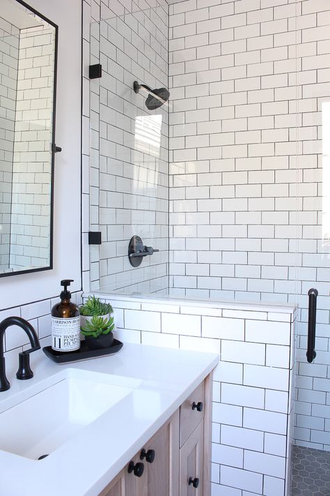 A Classic White Subway Tile Bathroom Designed By Our Teenage Son! - The House of Silver Lining Vegetables Packaging, Subway Tile Bathroom, White Subway Tile Shower, Plants Window, White Subway Tile Bathroom, Glamorous Bathroom Decor, Subway Tile Showers, Rustic Bathroom Shelves, Small Bathroom Tiles