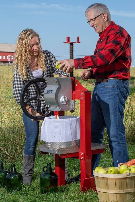 This Autumn, after going apple picking (pick a few bushels), grind and press them into tasty apple cider (a lot of it) with this stainless steel cider press. Apple Cider Pressing Party, Cider Press Plans, Making Apple Cider Without A Press, Cider Making Process, Apple Cider Press, Make Apple Cider, Homemade Cider, Apple Press, Apple Types