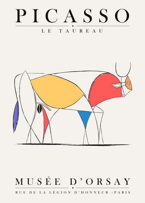 The "Picasso Le Taureau" poster is an iconic work that illustrates the power and simplicity of Pablo Picasso's style. This bull, drawn with geometric lines and bright colors, symbolizes strength and vitality. The contrast between the primary colors and the clean background makes this poster particularly attractive. Ideal for lovers of modern art, this illustration brings a dynamic and artistic touch to your interior decoration. Whether for your living room, office or creative space, this poster is a perfect addition to create a visual focal point. By displaying this work, you celebrate Picasso's genius and his ability to capture the essence of his subjects with minimalist elegance. Bring art into your everyday life with this inspiring and vibrant piece. The posters are printed on premium p Bull Illustration, Clean Background, Picasso Style, Paris Poster, Horror Movie Posters, The Bull, Geometric Lines, Henri Matisse, Art Lovers