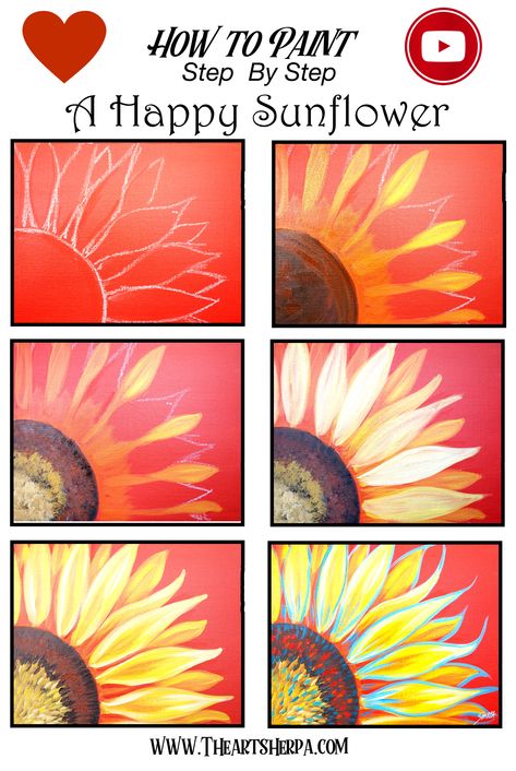 How to Paint a Sunflower step by step in Acrylic on Canvas by The Art Sherpa!! Are YOU ready to Enjoy this Beginners step by step learn how to paint in this full acrylic art lesson! Check out our Free Acrylic painting Class Video. You CAN paint this! Image is property of The Art Sherpa and intended for the Students Personal education and Enjoyment. For questions regarding using any Art Sherpa painting in a commercial setting Contact labs@theartsherpa.com Outdoor Acrylic Painting Ideas, Paint Over Canvas Painting Ideas, How To Paint Ideas On Canvas, Fall Beginner Painting, Painting How To Step By Step, How To Paint Easy Step By Step, How To Paint Pictures, Diy Step By Step Canvas Painting Easy, Painting For Beginners Step By Step