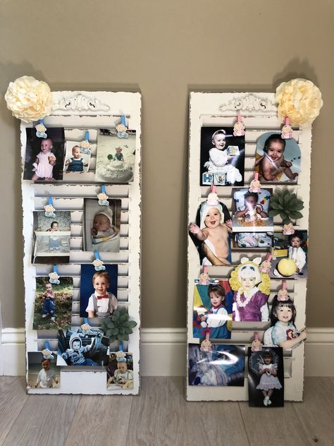 Baby Shower Baby Pictures Display, Baby Shower Display Table, Baby Shower Baby Photos Of Parents, Baby Pictures At Baby Shower Parents, Thrifted Baby Shower Decor, Baby Shower Parents Baby Pictures, Baby Shower Photo Display, Baby Shower Fireplace Decor, Baby Shower Pictures Of Parents