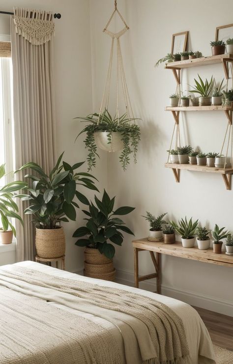 Cozy Home Library Reading Space, Comfy Bedroom Decor, Plant Bedroom Aesthetic, Plant Bedroom, Hanging Spider, Cozy Home Library, Tranquil Bedroom, Esthetician Room, Comfy Bedroom