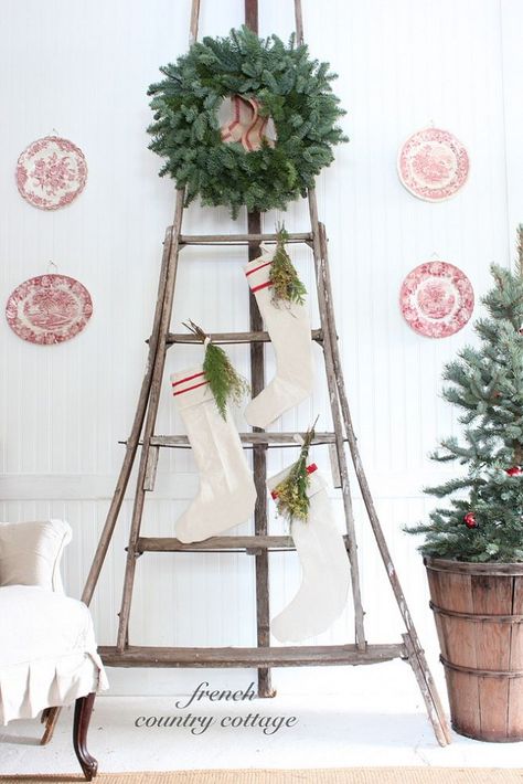 Antique Orchard Ladder dressed for Christmas Orchard Ladder, French Country Cottage Christmas, Christmas Ladder, Christmas House Tour, French Country Christmas, Vintage Ladder, Old Ladder, Cottage Christmas, A Ladder