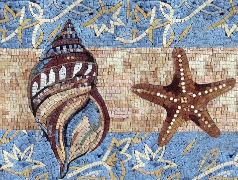 Coastal Mosaic Ideas, Starfish Mosaic, Mosaic Plates, Ocean Mosaic, Beach Mosaic, Seashell Mosaic, Mosaic Border, Nautical Table, Mosaic Texture