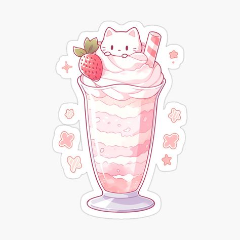 Cute Kawaii Pink Milkshake with a Cat by CozyKawaiiArt | Redbubble Kawaii Milkshake, Pink Milkshake, Cute Moments, Images Kawaii, Stickers Aesthetic, Kawaii Illustration, Cute App, Cute Food Drawings, Milk Shakes