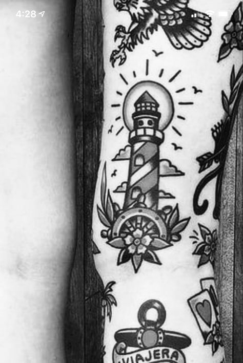 Cool American Traditional Tattoos Black And White, Sailor Jerry Lighthouse Tattoo, Light House Tattoo Old School, Neo Traditional Tattoos Blackwork, Sailor Jerry Black And White, Lighthouse Tattoo Blackwork, Lighthouse Tattoo Flash, Black And White Lighthouse Tattoo, Lighthouse Flash Tattoo