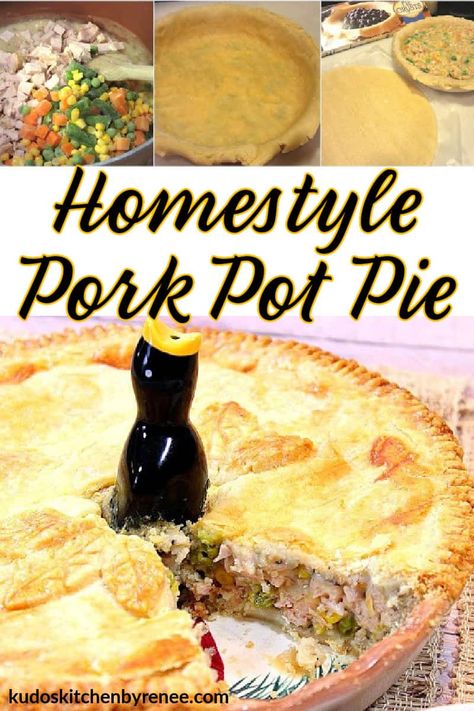 Homestyle Pork Pot Pie goes together quickly with the use of store-bought pie dough and leftover pork. It's comfort food for all and easy to make! #potpie #savorypotpie #comfortfoodrecipe #porkpotpie #leftoverpork #dinnersusingleftovers #budgetfriendlydinners #familydinner #easyfamilydinner #piecrust #leftovers #savorypie #kudoskitchenrecipes Pork Pot Pie Recipe, Pork Pot Pie, Leftover Pork Loin Recipes, Leftover Pork Recipes, Pork Pie Recipe, Pork And Sauerkraut Recipe, Leftover Pork Chops, Leftover Pork Roast, Pork Pot