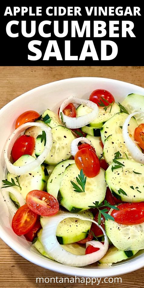 Cucumber Tomato salad in a white bowl Dressing With Olive Oil, Apple Cider Vinegar And Honey, Cucumber Salad Dressing, Cucumber Tomato Avocado Salad, Vinegar Cucumbers, Marinated Cucumbers, Honey Dressing, Homemade Tzatziki Sauce, Rustic Recipes