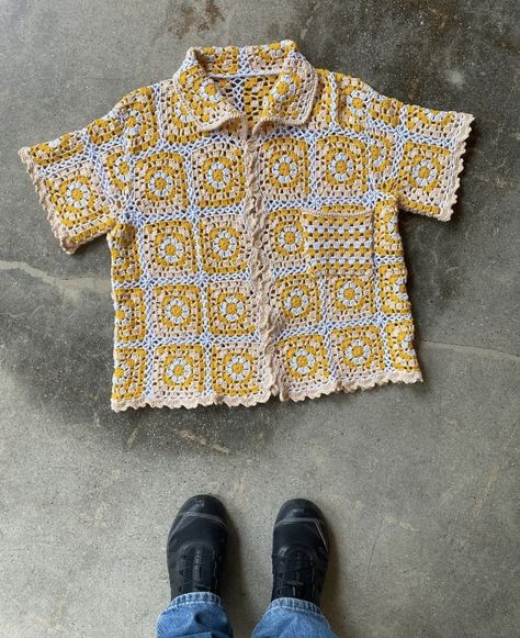 Crochet Granny Square Button Up Shirt, Granny Square Button Up Shirt, Granny Square Button Up, Granny Square Mens Shirt, Crochet Shirt Granny Square, Granny Square Shirt Pattern, Crochet Granny Square Clothes, Granny Square Clothes, Granny Square Shirt