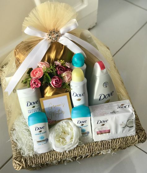 Dove body wash, bar soap, deodorant, lotion and cloth wrapped in white and gold theme Dove Products, Gifts Hamper, Gift Basket For Her, Dove Body Wash, Gold Theme, Shop Ideas, Gift Basket, Bar Soap, Body Wash