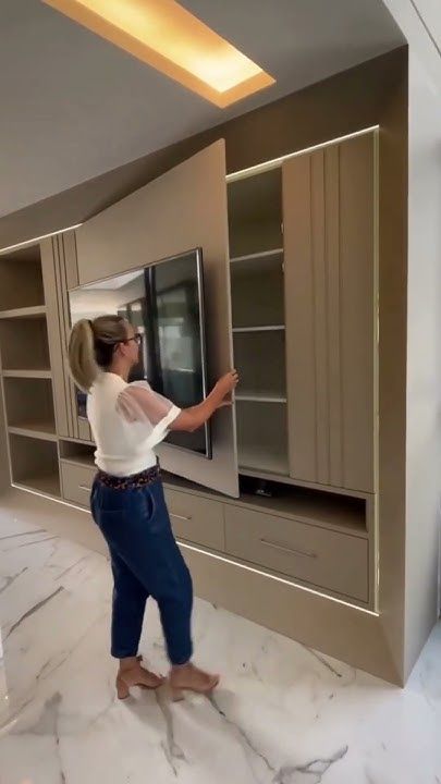 Hidden Cabinet Storage, Hidden Tv Cabinet, Tv Storage Unit, Hidden Cabinet, Modern Tv Cabinet, Tv Cabinet Design, Living Room Designs Small Spaces, Luxury Living Room Design, Home Decor Hacks