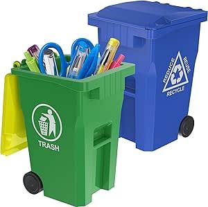 Wiosi Mini Garbage Trash Pen Holder for Desk, Pack of 2, Blue & Green, Tiny Recycle Bin Pencil Holder | Storage for Pencils & Pens | Office Stationery to Organize The Desk | Ideal for Student Work Workspace Organization, Tidy Desk, Recycle Bin, Recycle Cans, Unique Pens, Trash Can For Car, Pencil Cup, Car Trash, The Desk