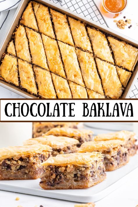 Chocolate Baklava Recipe, Greek Desert, Baklava Recipes, Greek Pastry, Baklava Recipe Easy, Chocolate Baklava, Filo Dough, Greek Pastries, Greek Foods