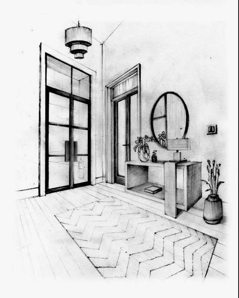 Interior Prespective Drawings, Interior Design Sketches Perspective, Room Drawings Sketches, Interior Architecture Sketch, Interior Design Sketchbook, Perspective Sketch, Interior Sketches, Architecture Drawing Sketchbooks, Furniture Design Sketches