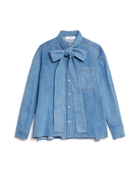 Elevate your casual wardrobe with the Lincoln Denim Bow Shirt. Crafted from mid-wash denim, this boxy-fit shirt features contrasting topstitching and a handy front patch pocket. Fastened with pearl press studs and finished with a removable extra-long necktie in matching fabric, it offers a stylish twist on a classic staple. A denim delight paired with the Honeycomb Denim Trousers or the Bella Lace Trouser Fitted Denim Shirt, Denim Bows, Bow Shirt, Bow Shirts, Bow Collar, Washed Denim, Denim Trousers, Colored Denim, Press Studs