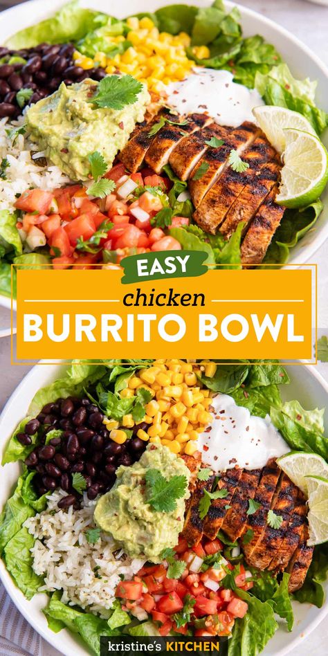 This is the best Burrito Bowl recipe - it's loaded with flavor and so satisfying! The components can be made ahead and stored in the fridge for meal prep lunches or dinners. Tex Mex Burrito Bowl, Sunshine Bowl Recipe, Weight Watcher Burrito Bowl, Dinner In A Bowl, Healthy Bean Burrito Recipe, Chicken For Burrito Bowl, Moes Burrito Bowl Recipe, Qdoba Burrito Bowl Recipe, Burittos Bowl Recipes