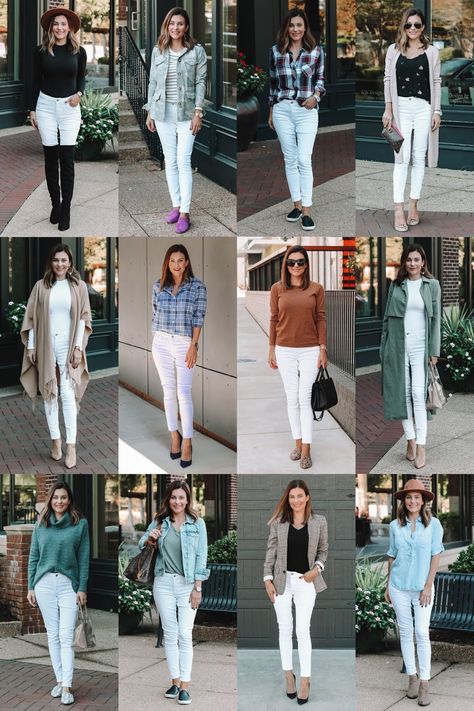 White Jeans In The Fall How To Wear, White Jean Outfits Winter, White Jeans Women Outfit, Wearing White Jeans In The Fall, White Pants For Fall, White Jeans For Fall Outfits, White Pants In Fall Outfit, Off White Jeans Outfit Fall, Jeans Blanc Outfit