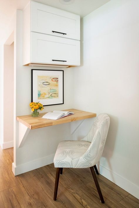 Small Desk Area, Small Bedroom Desk, Small Corner Desk, Small Room Desk, Desk Nook, Tiny Home Office, Tiny Desks, Desk Solutions, Kitchen Desks