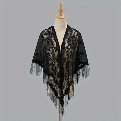 Long Tassel Triangle Shawl Elegant Lace Scarf Classic Solid - Temu Wedding Cloak, Dress With Shawl, Muslim Hijab, Tassel Scarf, Triangle Scarf, Lace Scarf, Lace Shawl, Summer Scarves, Women Shawl